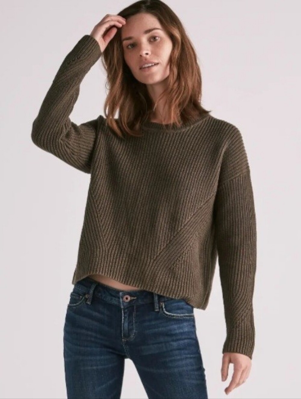 Lucky Brand Medium Olive Green Back Lace Pullover Sweater Eyelet Detail Fall
